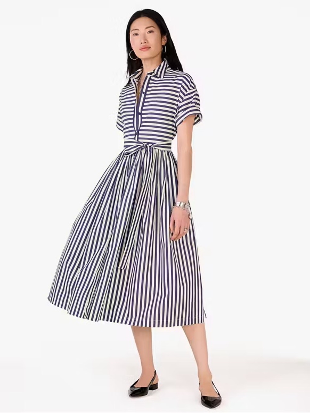 Kate Spade Midi Shirt Dress Cotton Navy White Striped Belted $368 Pockets Size L - Picture 3 of 10